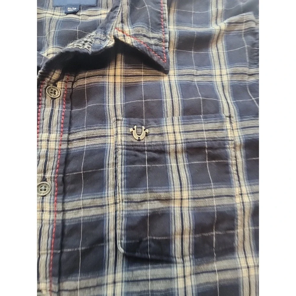 True Religion Mens Western Shirt  Slim Fit Size XL Plaid Dark Blue